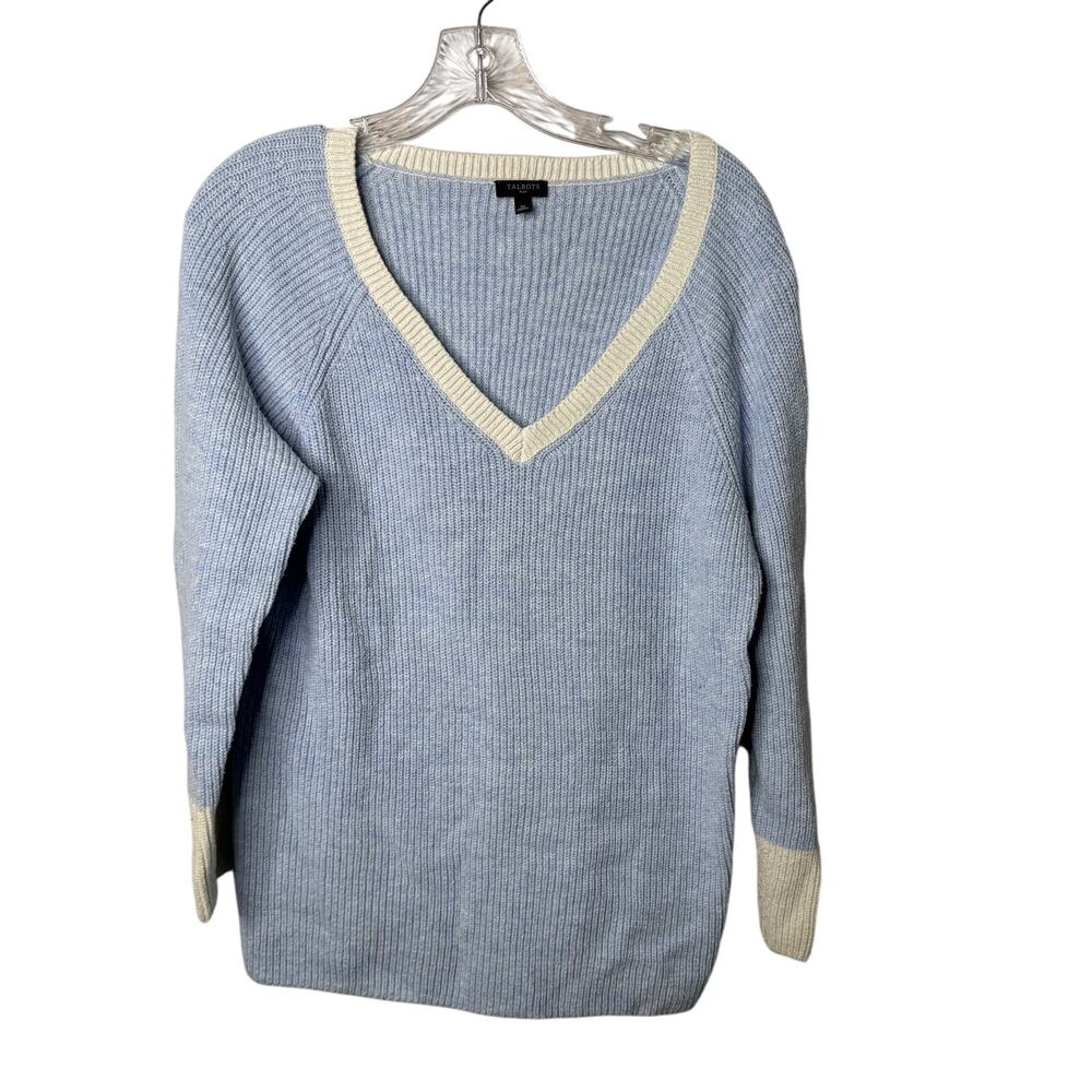 Talbots Plus 1X‎ Blue V-Neck Sweater Pullover Ribbed Knit Long Sleeve Cotton